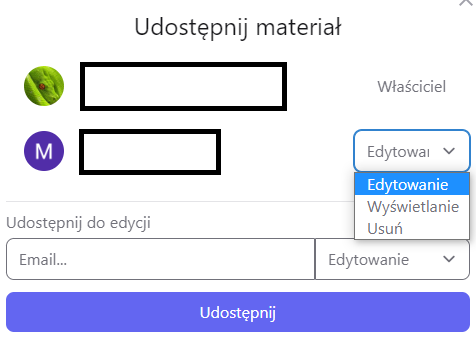 Widok okna udostepniania materiału innym osobom.