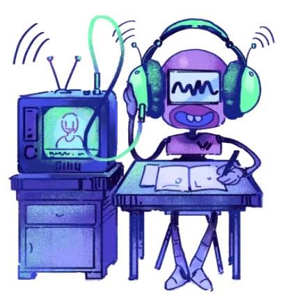 Proces tworzenia automatycznych transkrypcji i napisów. Siedzący robocik Voicy odsłuchuje nagranie i tworzy tekst, następnie tekst jest przekazywany do robocika Texti, która osadza interpunkcję. Finalne szlify wykonywane są przez korektora tekstu, którym jest człowiek.